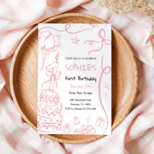 1st Birthday Hand Drawn Invitation, Birthday Invitation
