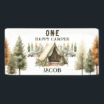 1st Birthday Happy Camper Kids Birthday Party Banner<br><div class="desc">Fun neutral themed camping birthday kids party. 
Great for any season. Let's build something fun for your little one on their birthday! Custom,  personalised,  editable electronic download
watercolor tent,  trees,  woodland,  compass,  adventure begins,  happy camper</div>