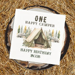 1st Birthday Happy Camper Kids Birthday Party Napkin<br><div class="desc">Fun neutral themed camping birthday kids party. 
Great for any season. Let's build something fun for your little one on their birthday! Custom,  personalised,  editable electronic download
watercolor tent,  trees,  woodland,  compass,  adventure begins,  happy camper</div>