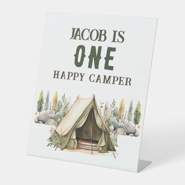 1st Birthday Happy Camper Kids Birthday Party Pedestal Sign (Front)