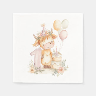 1st birthday highland cow napkin