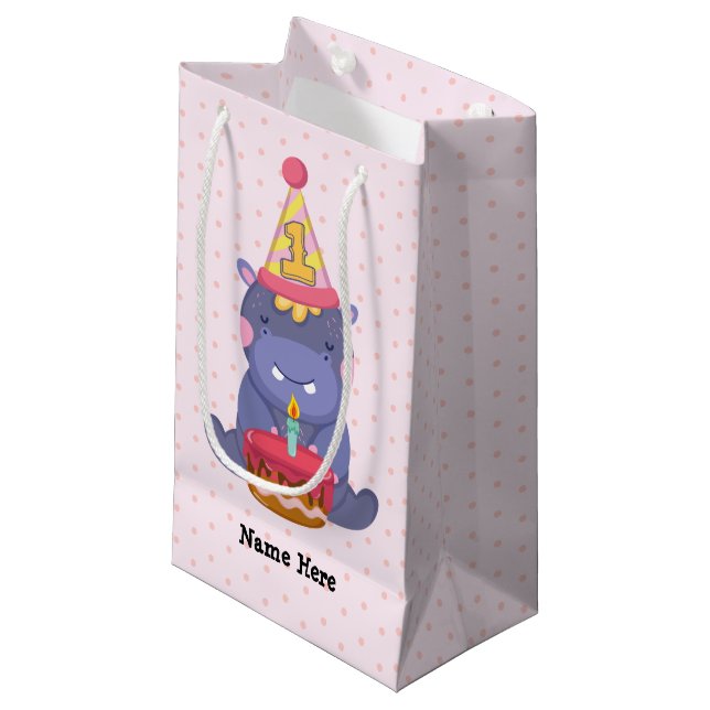 1st Birthday Hippo Small Gift Bag (Front Angled)