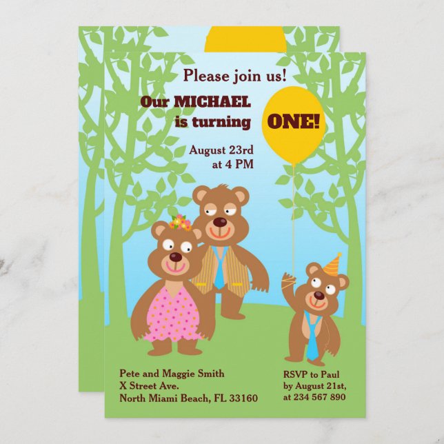 1st Birthday Honey Bear Family Party Invitation (Front/Back)