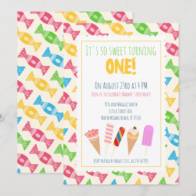 1st birthday ice-cream baby girl party   invitation (Front/Back)