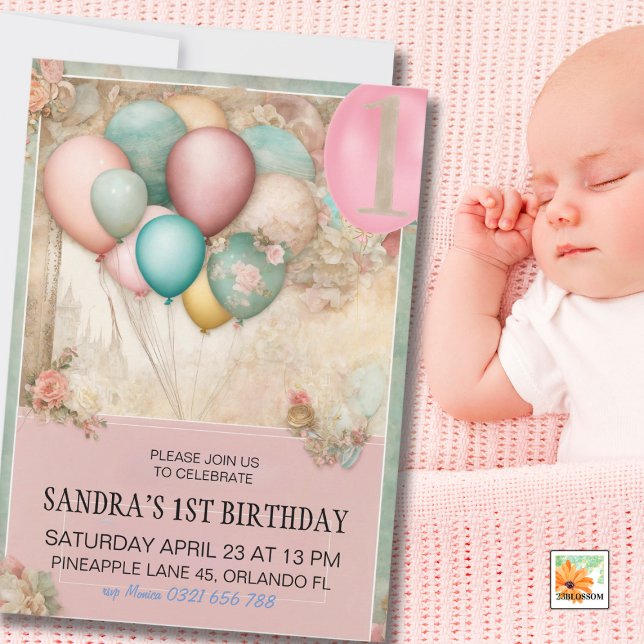 1st Birthday Invitation, 1st Birthday GIRl, ballon Invitation (Creator Uploaded)