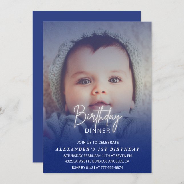 1st birthday invitation Birthday Dinner Photo boy (Front/Back)
