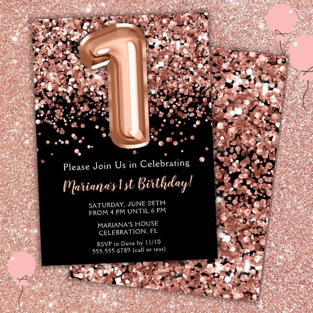1st Birthday Invitation Black Rose Gold Glitter (Creator Uploaded)