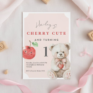 1st Birthday Invitation Cherry Cute Teddy Theme