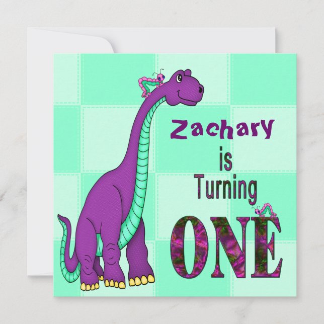 1st Birthday, INVITATION, DINOSAUR, PURPLE, Kids Invitation (Front)