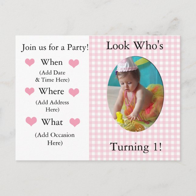 1st Birthday Invitation for a Girl Postcard (Front)