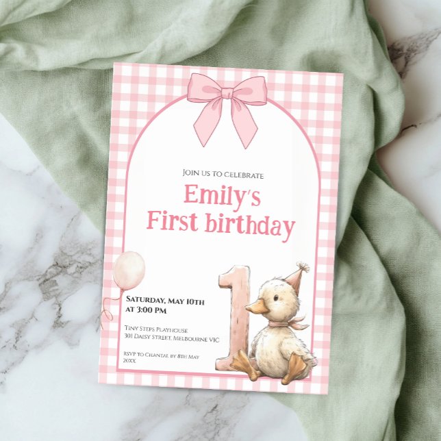 1st Birthday Invitation Gingham Duck Theme Kaart (Creator Uploaded)