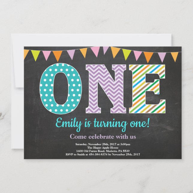 1st Birthday Invitation Girl Chalkboard (Front)
