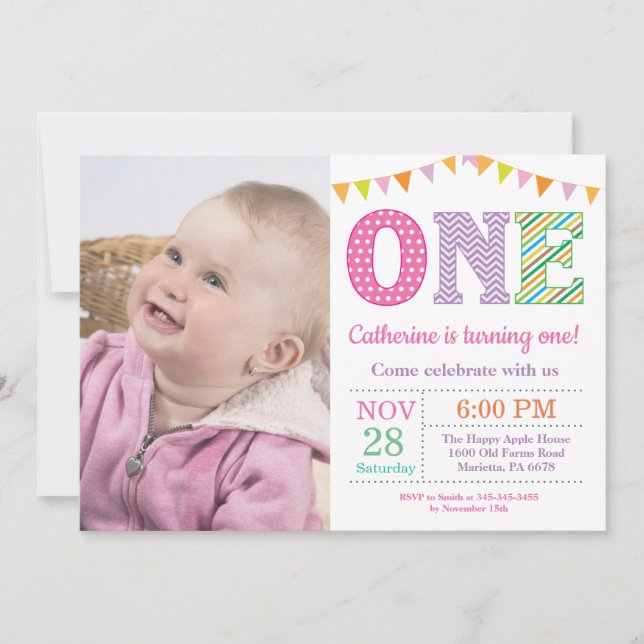 1st Birthday Invitation. Girl First Birthday Photo Invitation (Front)