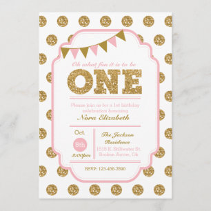 1st Birthday Invitation - pink and gold polka dots