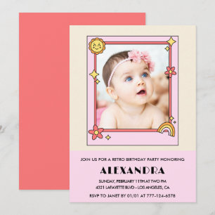 1st birthday invitation Retro Groovy Pink Floral