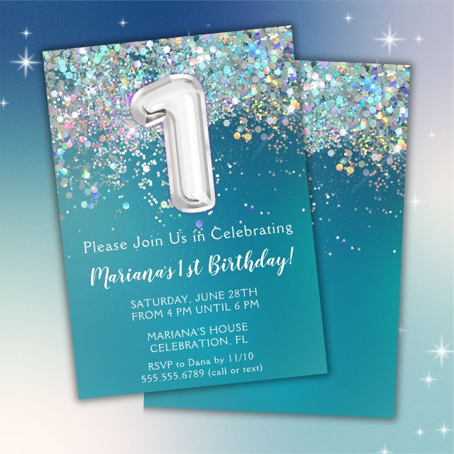 1st Birthday Invitation Teal Silver Glitter (Creator Uploaded)