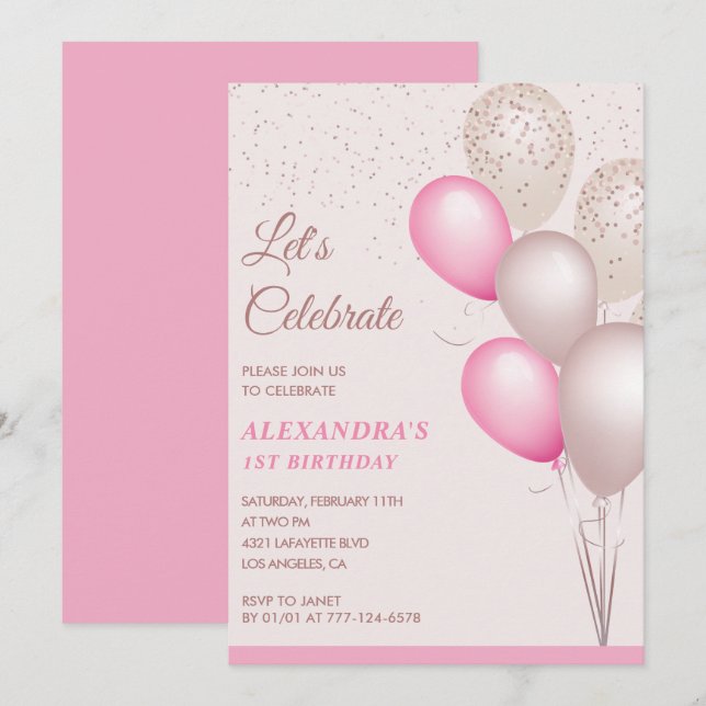 1st birthday invitations Balloons Pink Confetti (Front/Back)