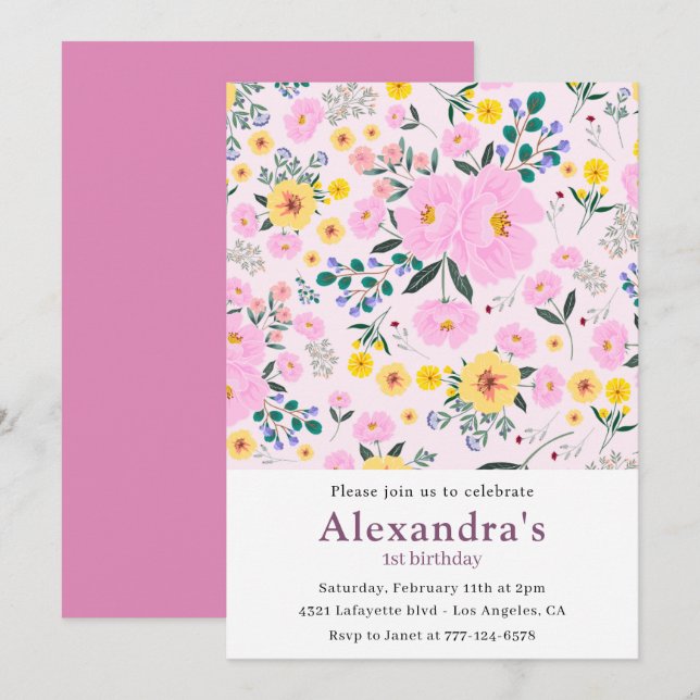 1st birthday invitations Boho Floral Pink (Front/Back)