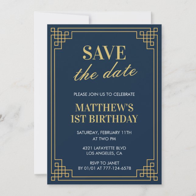 1ST birthday invitations Boy Save the date Navy (Front)