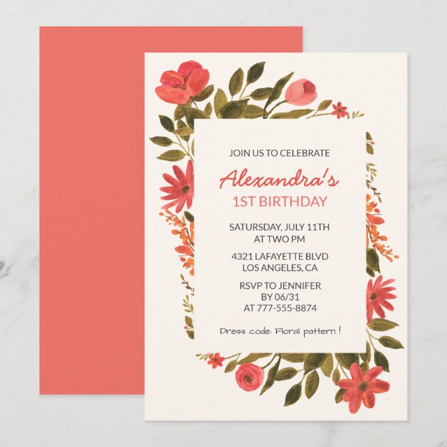 1st birthday invitations Floral Boho Elegant (Front/Back)