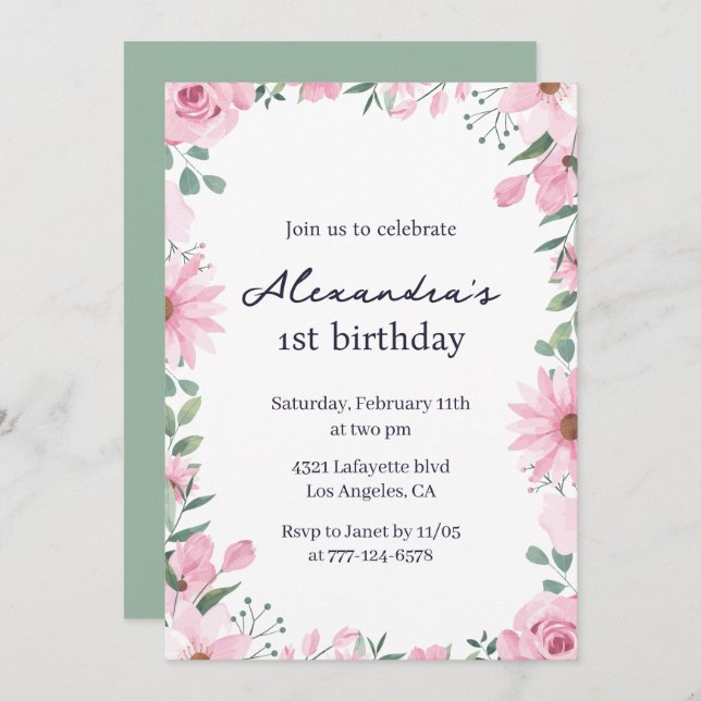 1st birthday invitations Floral Frame Pink Green (Front/Back)