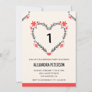 1st birthday invitations for her floral heart
