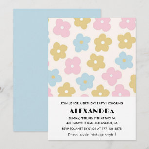 1st birthday invitations Retro Blue Pink Floral