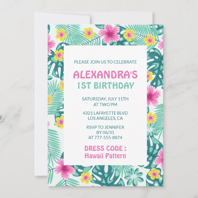 1st birthday invitations Tropical Hawaii Pattern (Front)