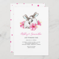 1st Birthday Invitations Twins Girl Pink Woodland
