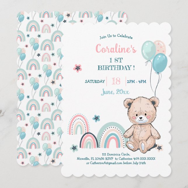 1st birthday invitations with a cute teddy bear. (Front/Back)