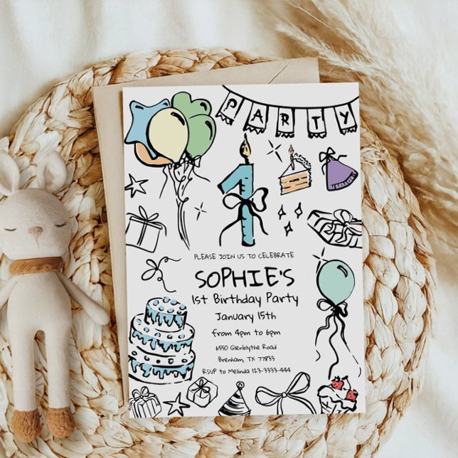  1st Birthday Invite, Hand Drawn Birthday Invitation (Creator Uploaded)