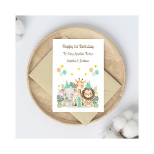 1st Birthday Jungle Animals Twin Birthday Card