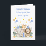 1st Birthday Jungle Animals Twin Boys Card<br><div class="desc">This 1st birthday card is suitable for twin sons,  grandsons or friends. The design includes an infant elephant,  giraffe and lion,  birthday balloons and hats.</div>