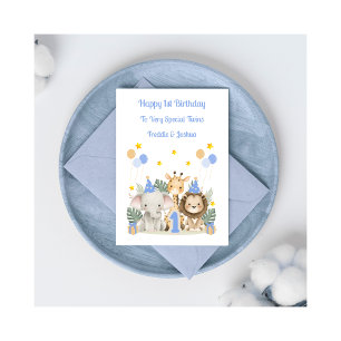 1st Birthday Jungle Animals Twin Boys Card
