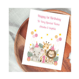 1st Birthday Jungle Animals Twin Girls Card