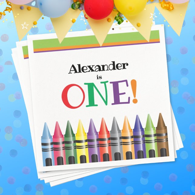 1st Birthday Kids Crayon Green Orange Blue Party Napkin (Creator Uploaded)