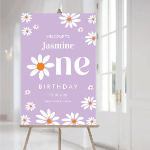 1st Birthday Lavender Groovy Daisy Florals welcome Poster
