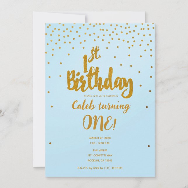 1st Birthday Light Blue & Gold Confetti Invitation (Front)