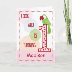 1st Birthday Little Girl with Parrot, Pink Circles Card