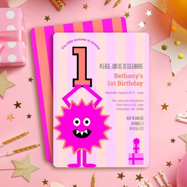 1st Birthday Little Hot Pink Monster Fun Cute Girl Invitation (Creator Uploaded)