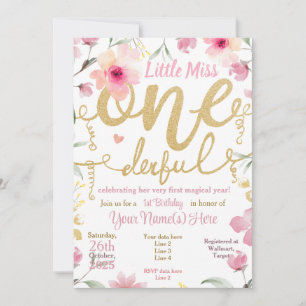  1st Birthday Little Miss ONEderful Pink Floral  Invitation