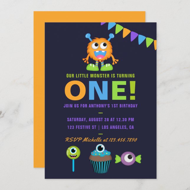 1st Birthday Little Monster Boy Party Invitation (Front/Back)