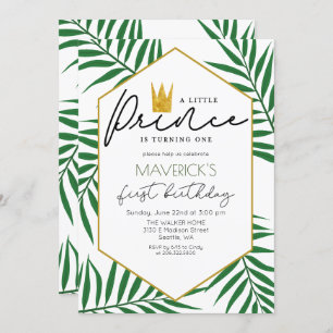 1st Birthday Little Prince Crown Leaf Invitation