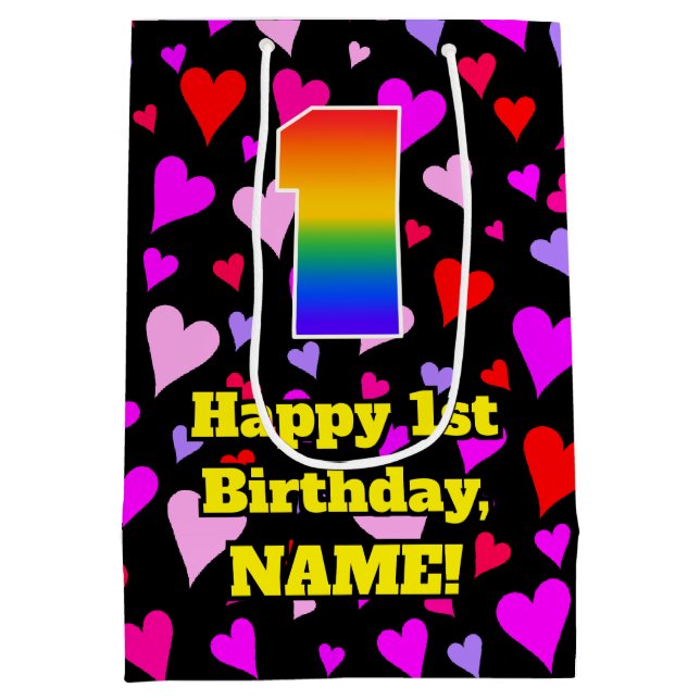 1st Birthday: Loving Hearts Pattern, Rainbow # 1 Medium Gift Bag (Back)