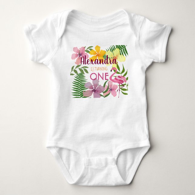 1st Birthday Luau Tropical Flowers Pink Baby Bodysuit (Front)