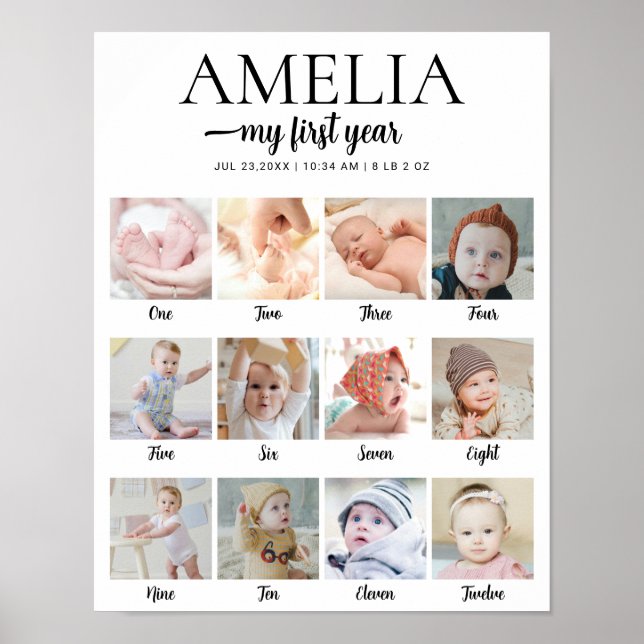 1st Birthday Milestone Custom Photo Collage Poster (Front)