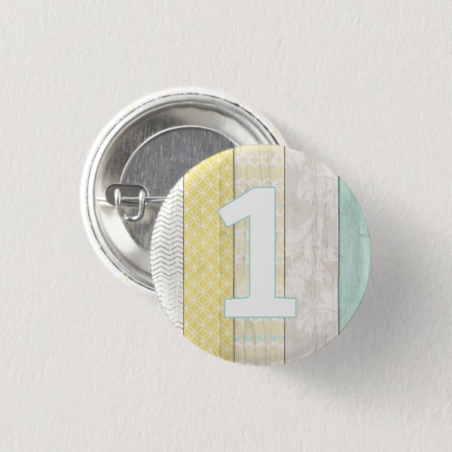 1st Birthday Mint & Yellow Rustic Wood Geometric 3 Cm Round Badge (Front & Back)