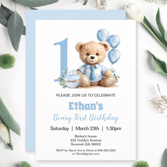 1st Birthday Modern Blue Teddy Bear Invitation (1st Birthday Modern Blue Teddy Bear Invitation)