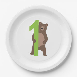 1st Birthday Modern Brown Bear Paper Plate