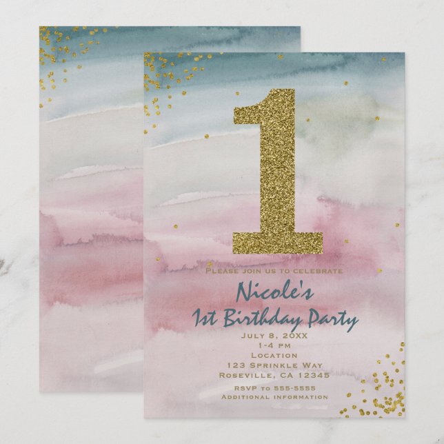 1st Birthday Modern Glam Watercolor Gold Confetti Invitation (Front/Back)
